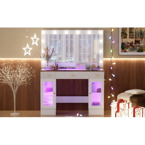 Makeup Vanity Desk With Large Mirror, Hollywood LED Blub Mirror,  Drawers, Glass Top and Storage Shelves