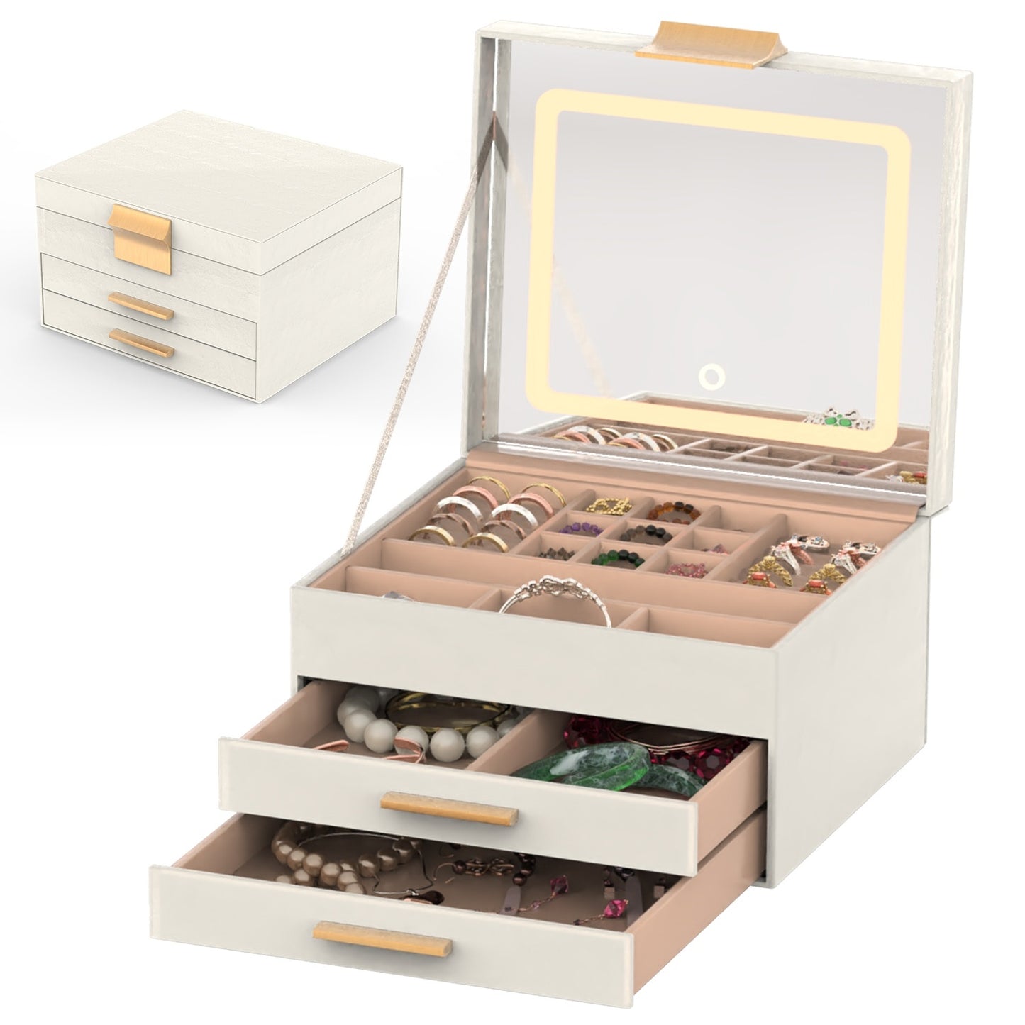 3 Layer Jewelry Box With LED Mirror With 2 Drawers