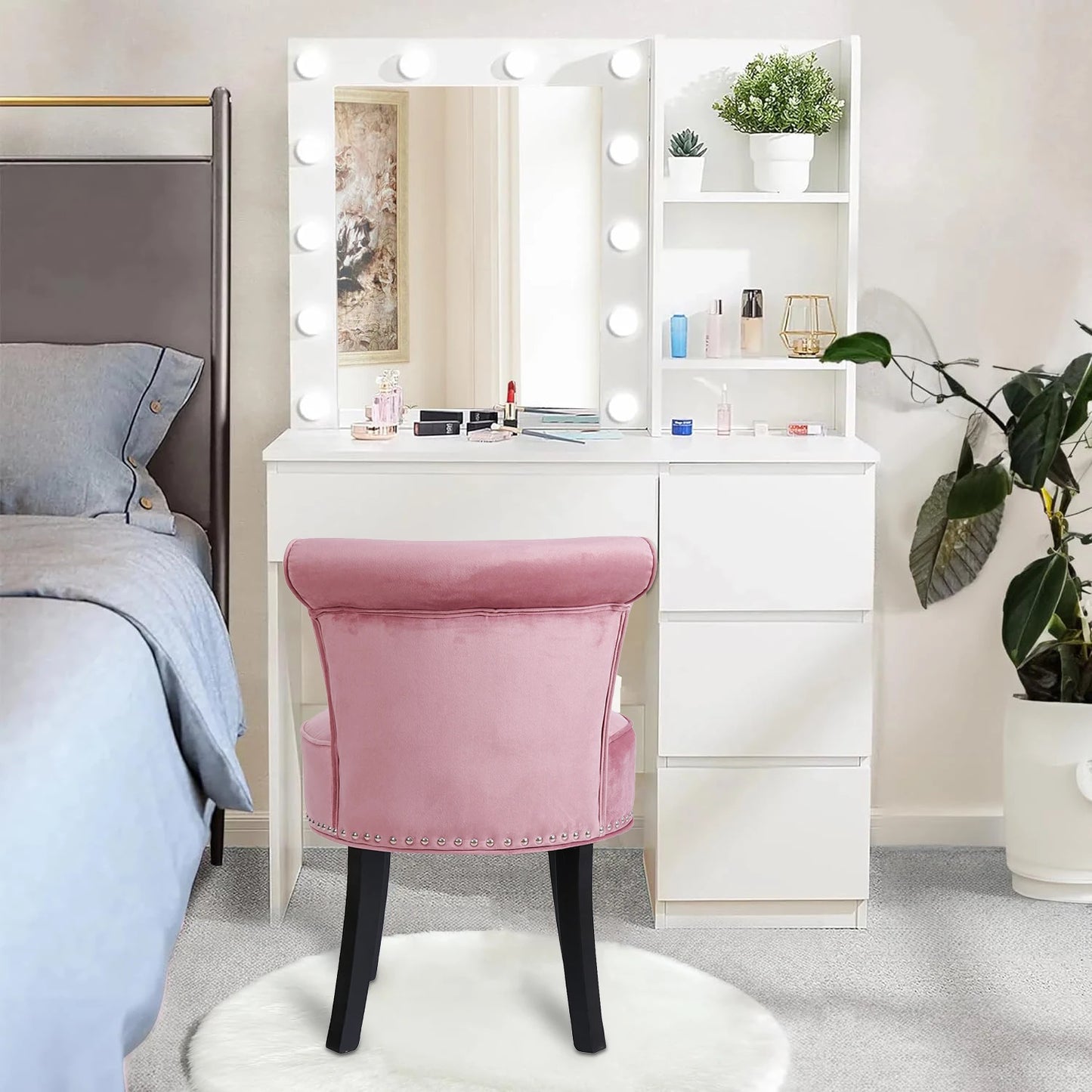 Padded Makeup Dressing Stool Chair with Wood Legs