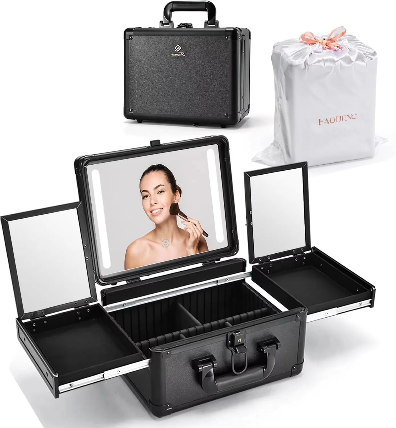 Makeup Storage Case With LED Mirror & Fold-out Trays for Jewelry Storage