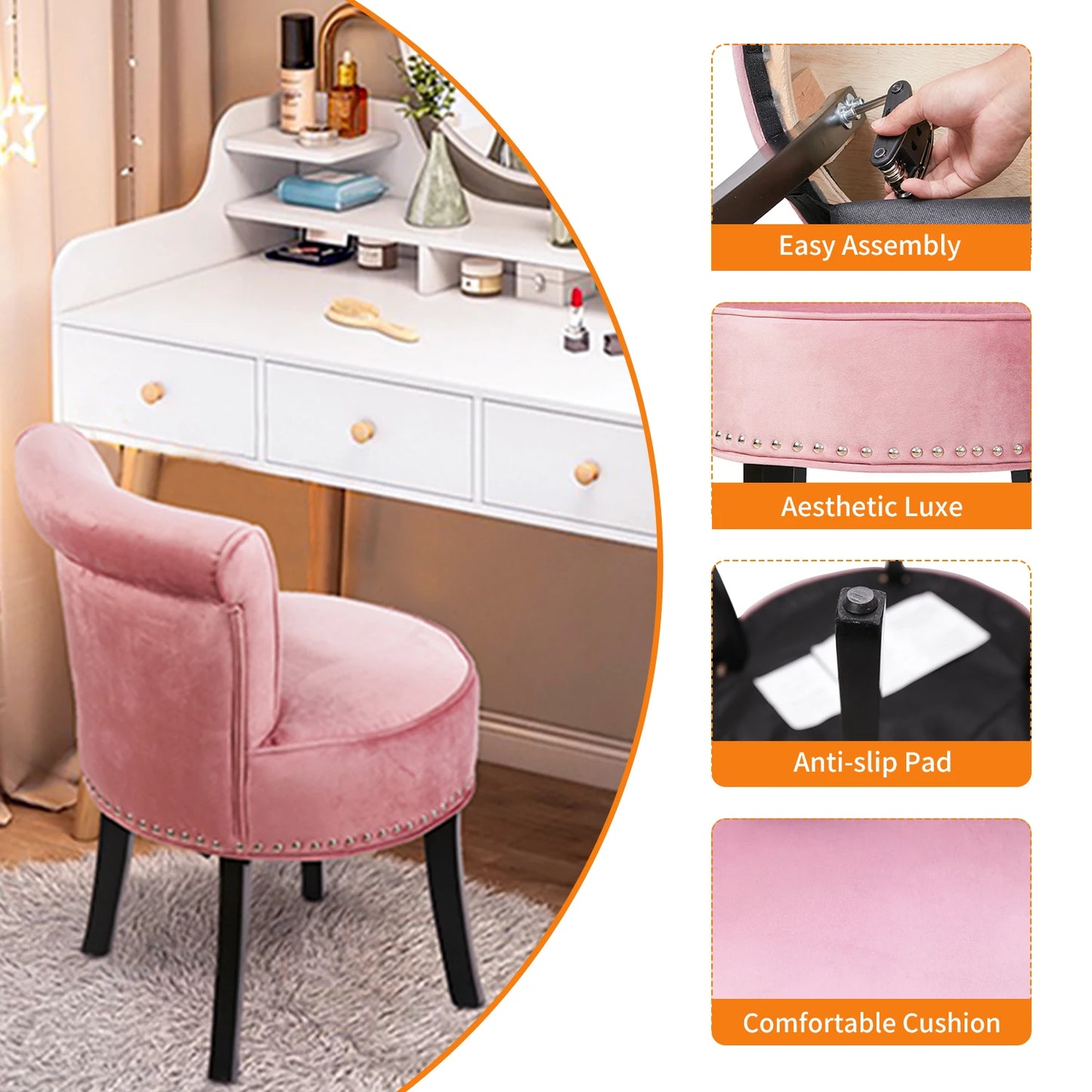 Padded Makeup Dressing Stool Chair with Wood Legs