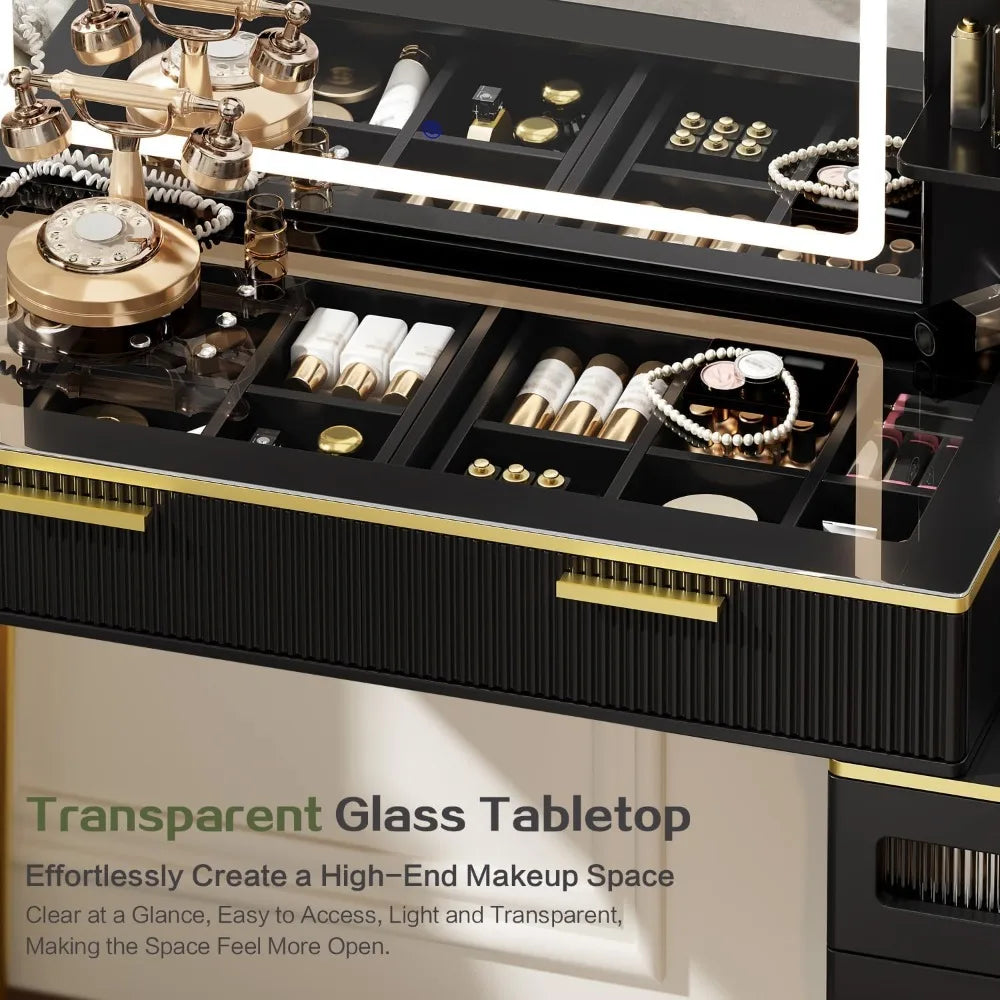 47" Modern Vanity Desk With LED Mirror 5 Drawers and Storage Shelves