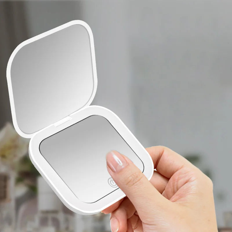 Compact Mini Folding Cosmetic Mirror with LED Lights & Magnifying