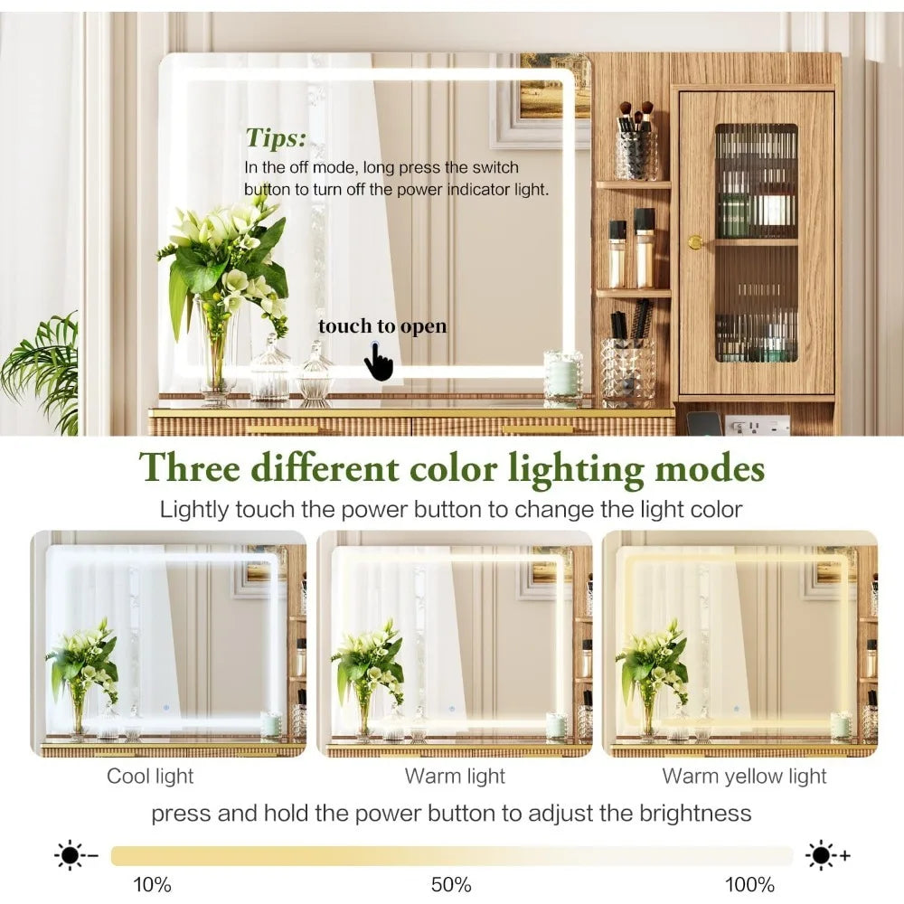 47" Modern Vanity Desk With LED Mirror 5 Drawers and Storage Shelves