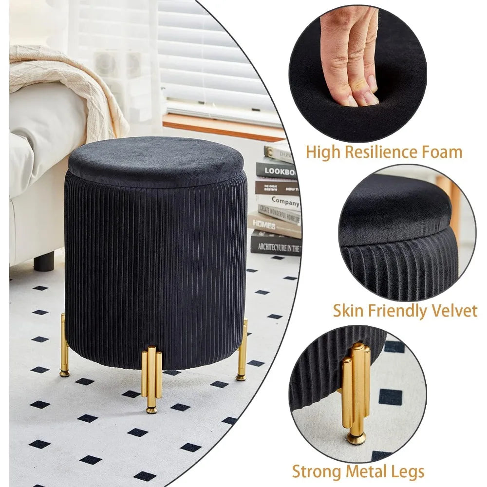 Modern Rounded Ottoman Vanity Stool With Storage & Metal Legs