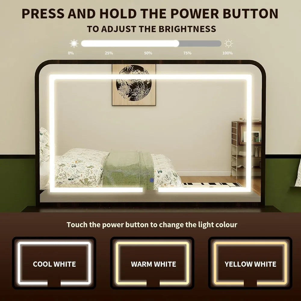 Vanity Desk with Power Outlet, LED Lights, & 9 Drawers