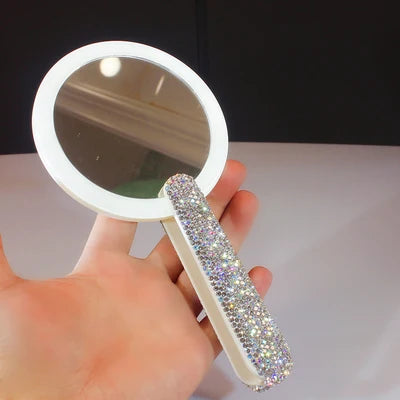 Rotatable Rhinestones Handle Makeup Mirror With LED Light