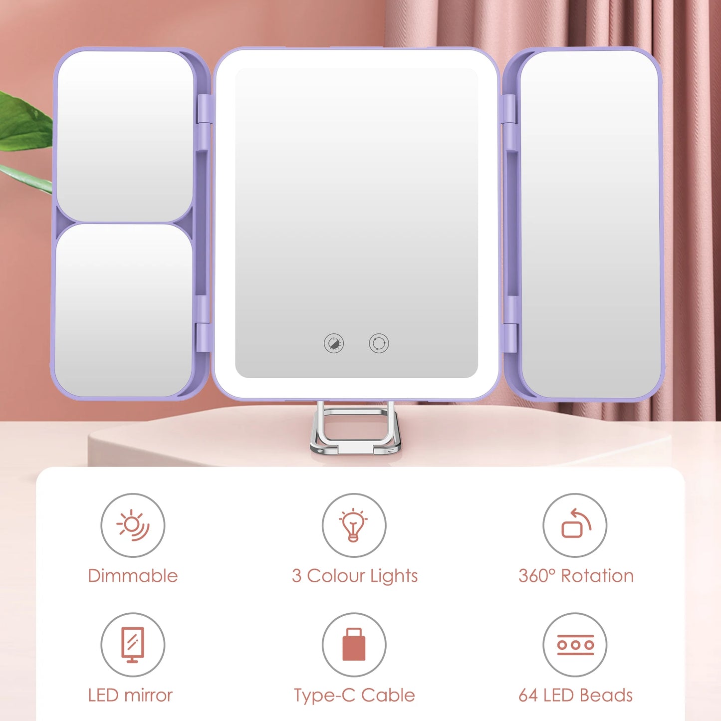 Portable Trifold Led Makeup Mirror with 1X 3X 7X Magnification