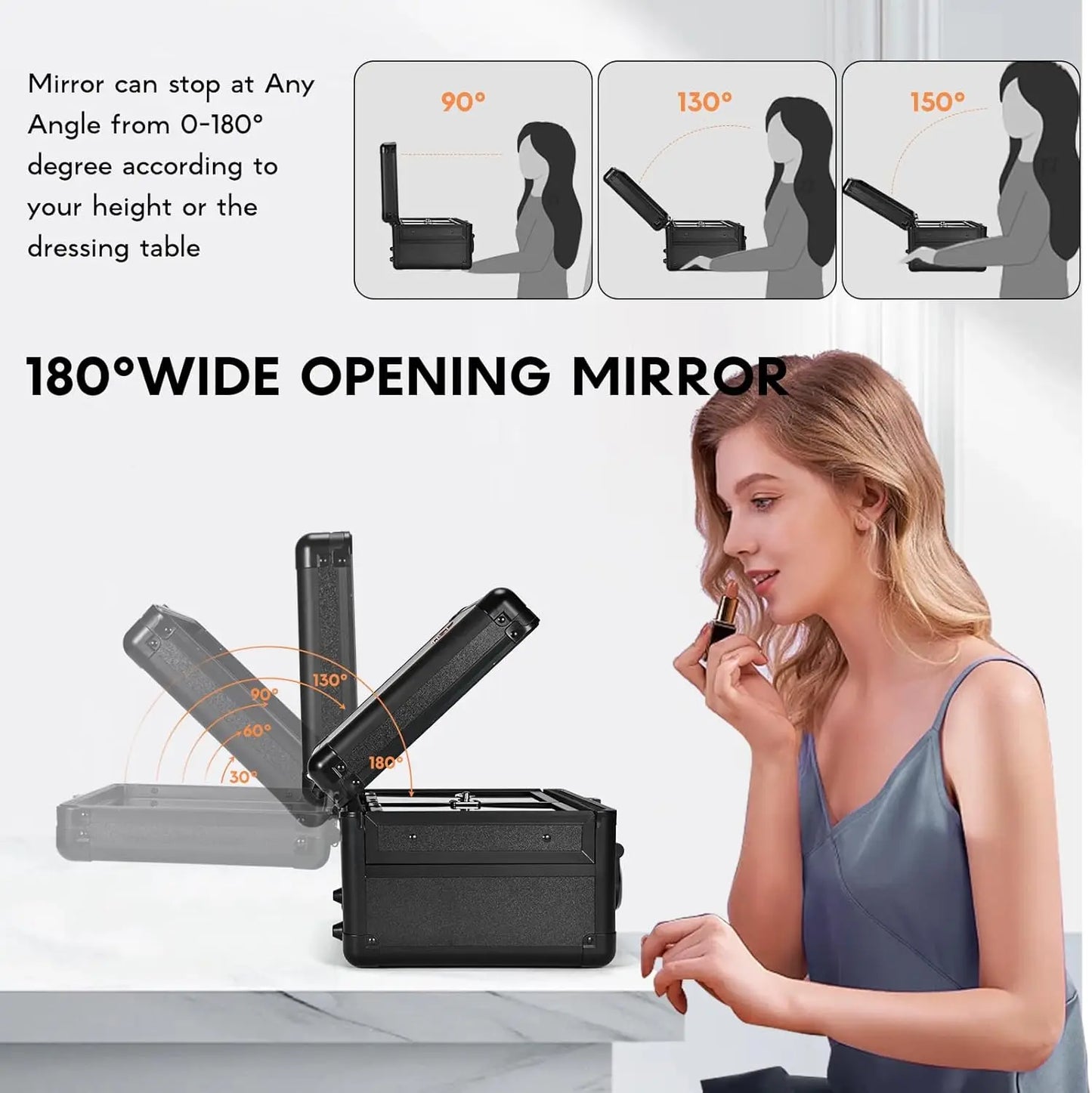 Makeup Storage Case With LED Mirror & Fold-out Trays for Jewelry Storage