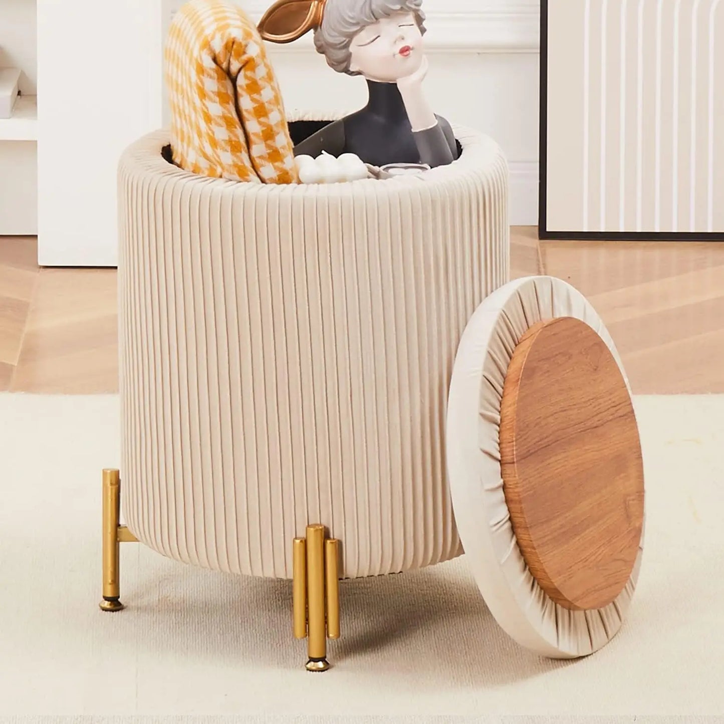 Modern Rounded Ottoman Vanity Stool With Storage & Metal Legs