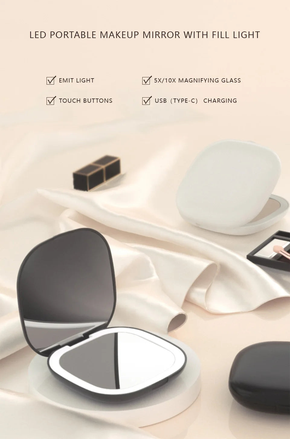 Foldable Compact Led Makeup Mirror 5x/10x Magnification