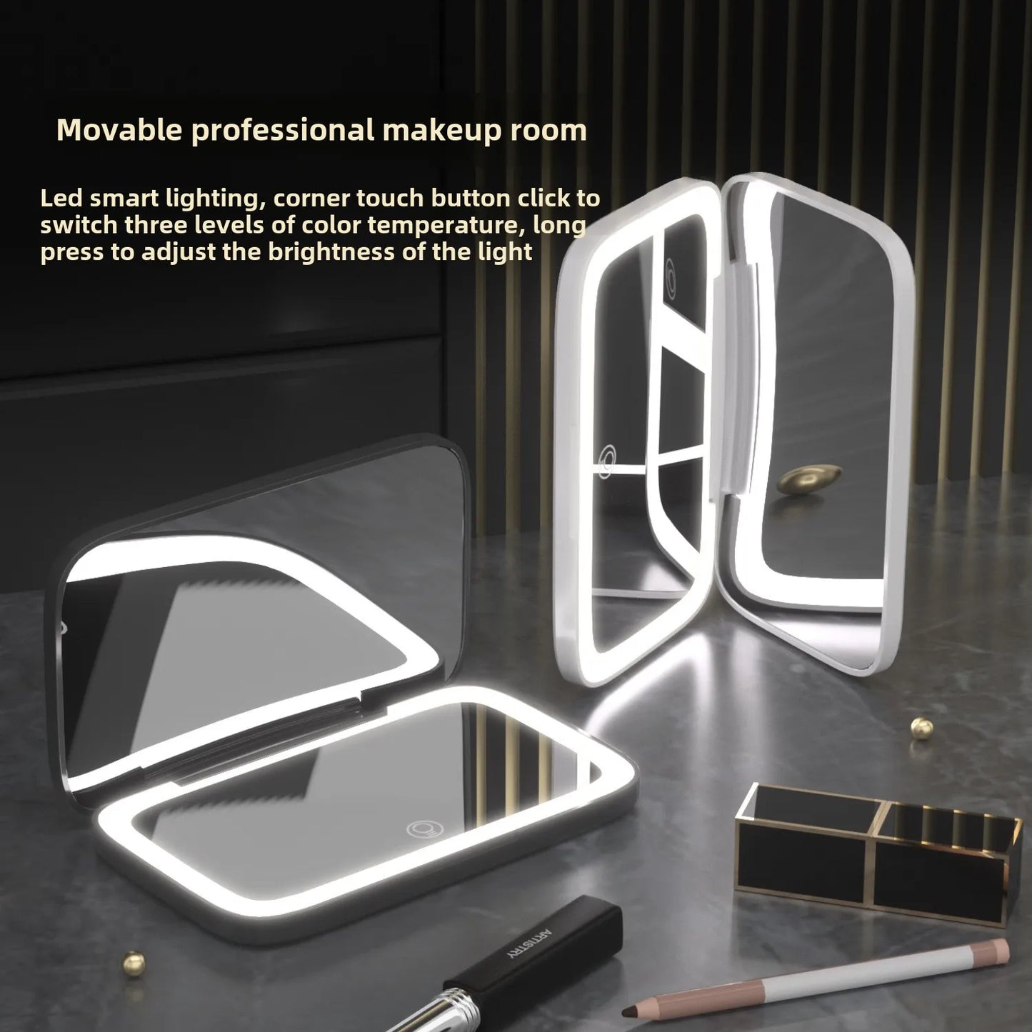 Portable Folding Makeup Mirror with LED Lights & 5x Magnifying