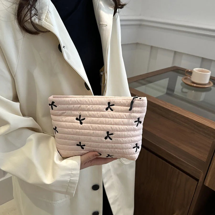 Large Embroidery Bow Makeup Pouch With Zipper