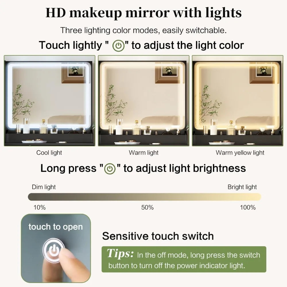 Large Vanity Desk with 3 Color Touch Screen Mirror