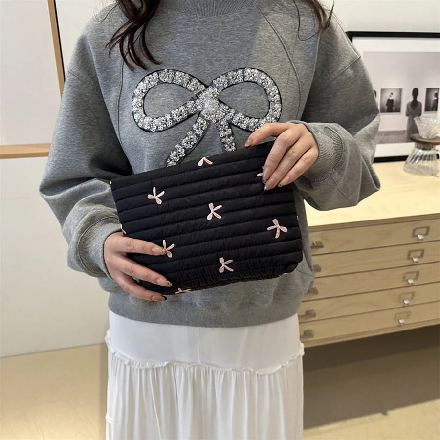 Large Embroidery Bow Makeup Pouch With Zipper