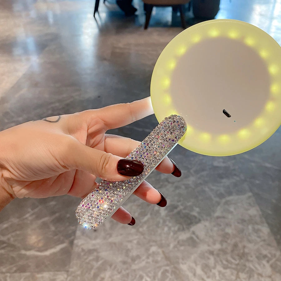 Rotatable Rhinestones Handle Makeup Mirror With LED Light