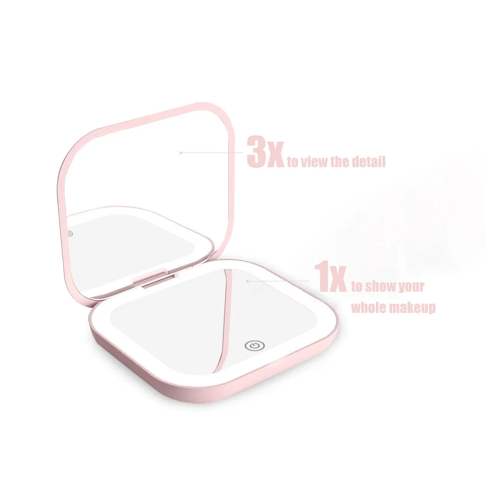 Compact Mini Folding Cosmetic Mirror with LED Lights & Magnifying