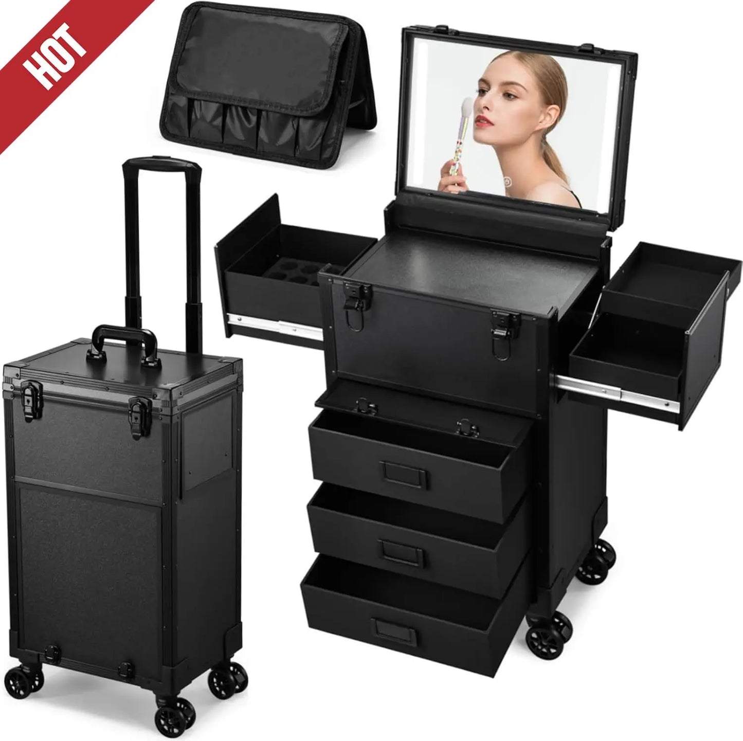 Rolling Makeup Train Case With LED Mirror & Drawers