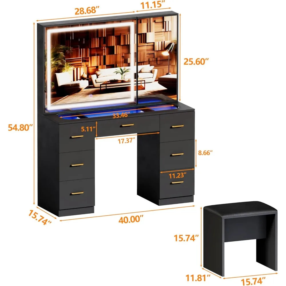 Complete Vanity Set With 7 Drawers Desk & Cushioned Stool