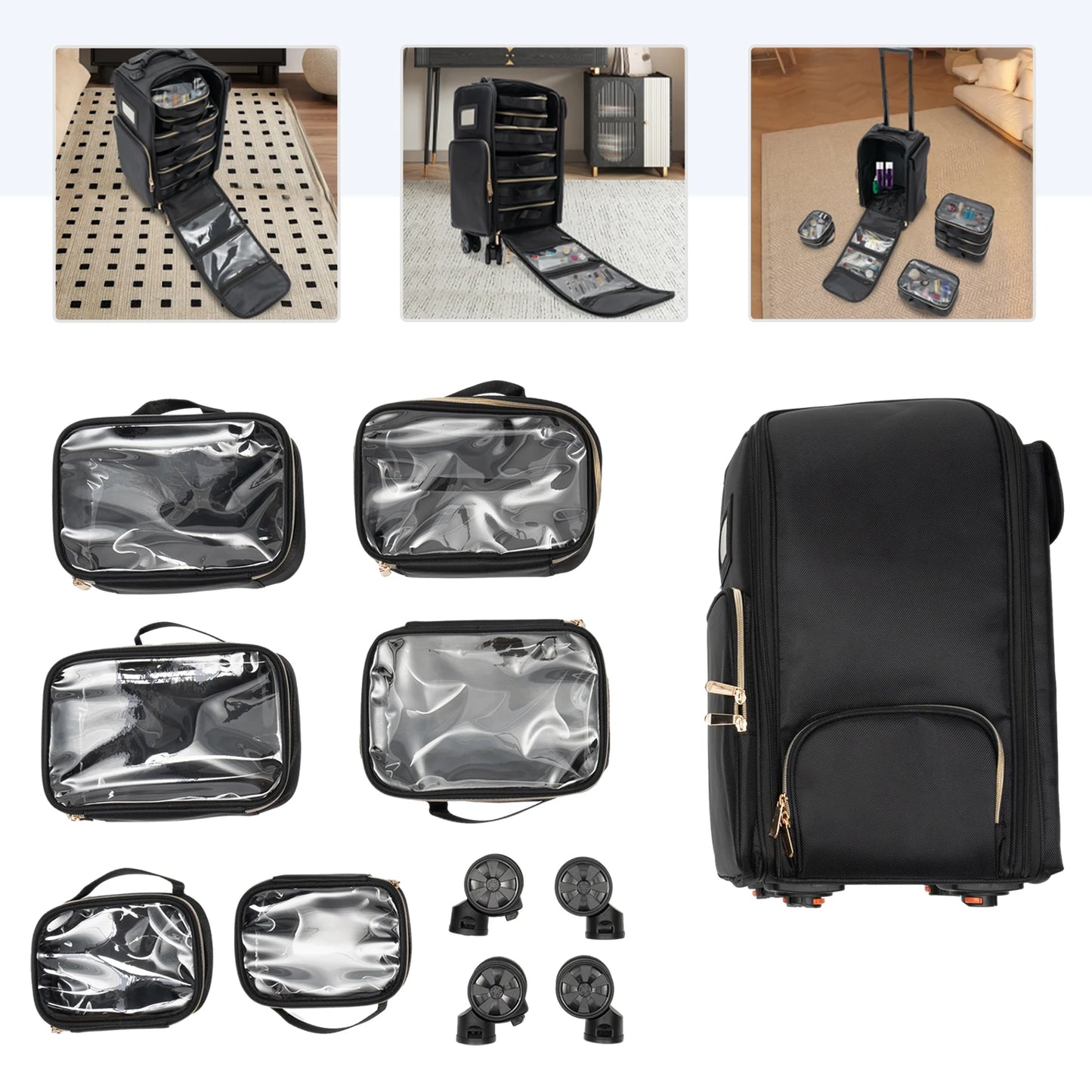 Rolling Makeup Train Case With 6 Removable Bags