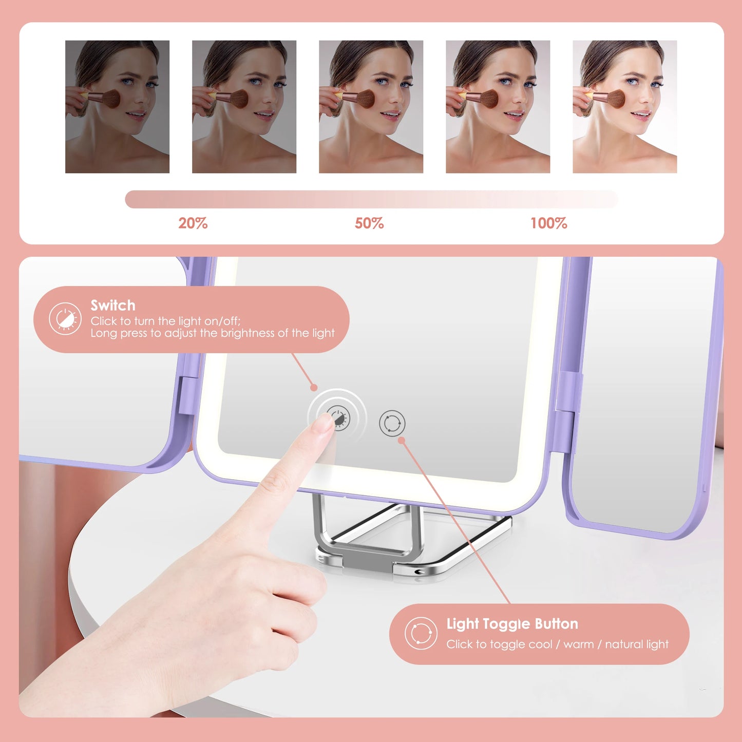 Portable Trifold Led Makeup Mirror with 1X 3X 7X Magnification
