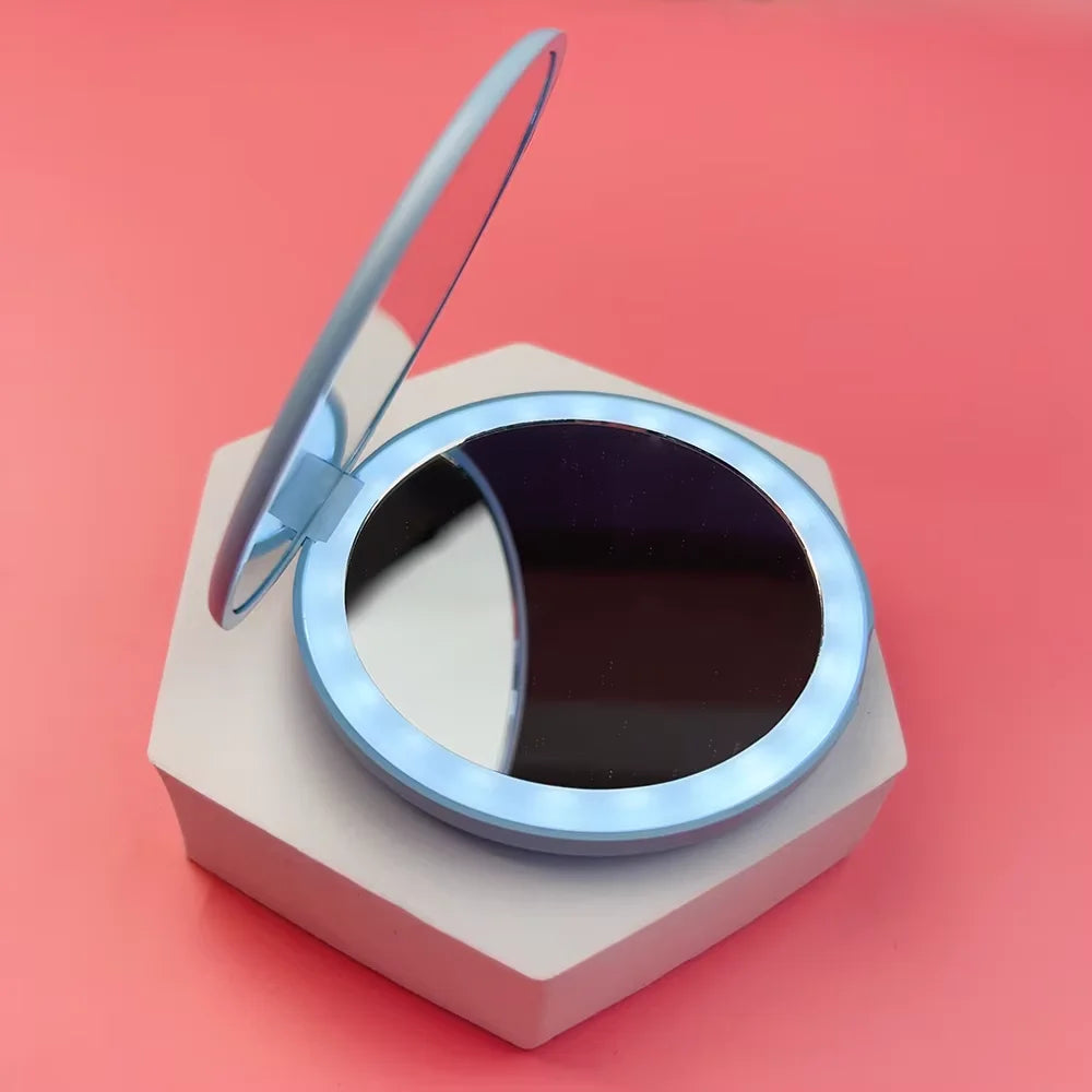 Compact LED Makeup Round Mirror with  2x Magnification