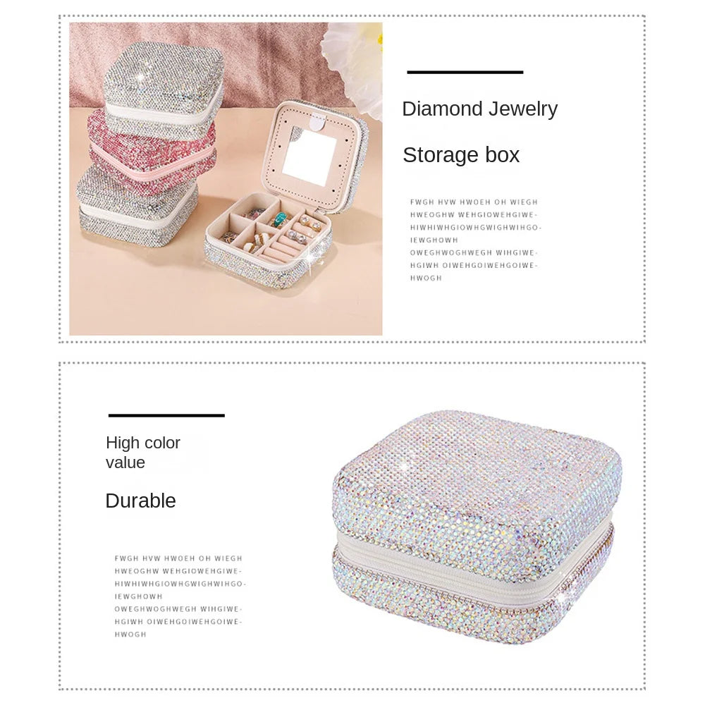 Luxury Bling Rhinestone Double Layer Jewelry Box  With Mirror