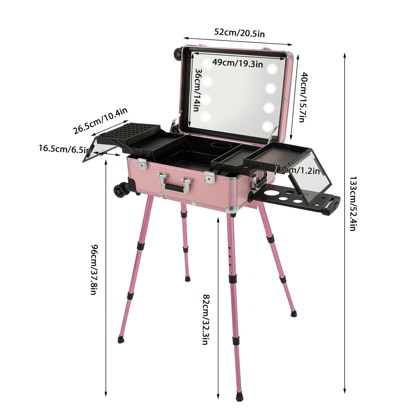 Aluminum Rolling Makeup Trolley With 8 LED Lights and Stand