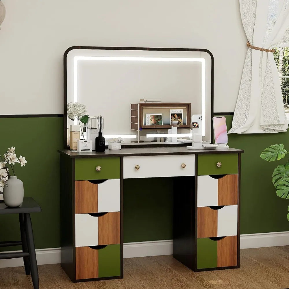 Vanity Desk with Power Outlet, LED Lights, & 9 Drawers