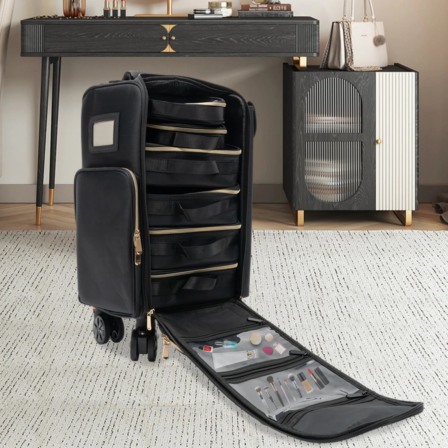 Rolling Makeup Train Case With 6 Removable Bags