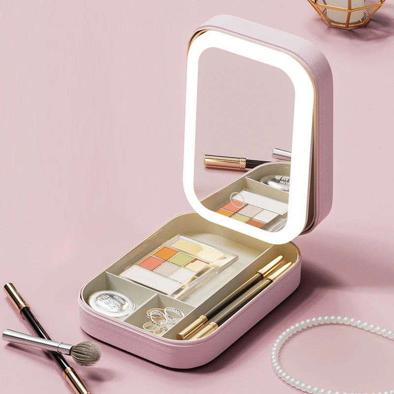 Portable Makeup Jewelry Storage Box with LED Mirror
