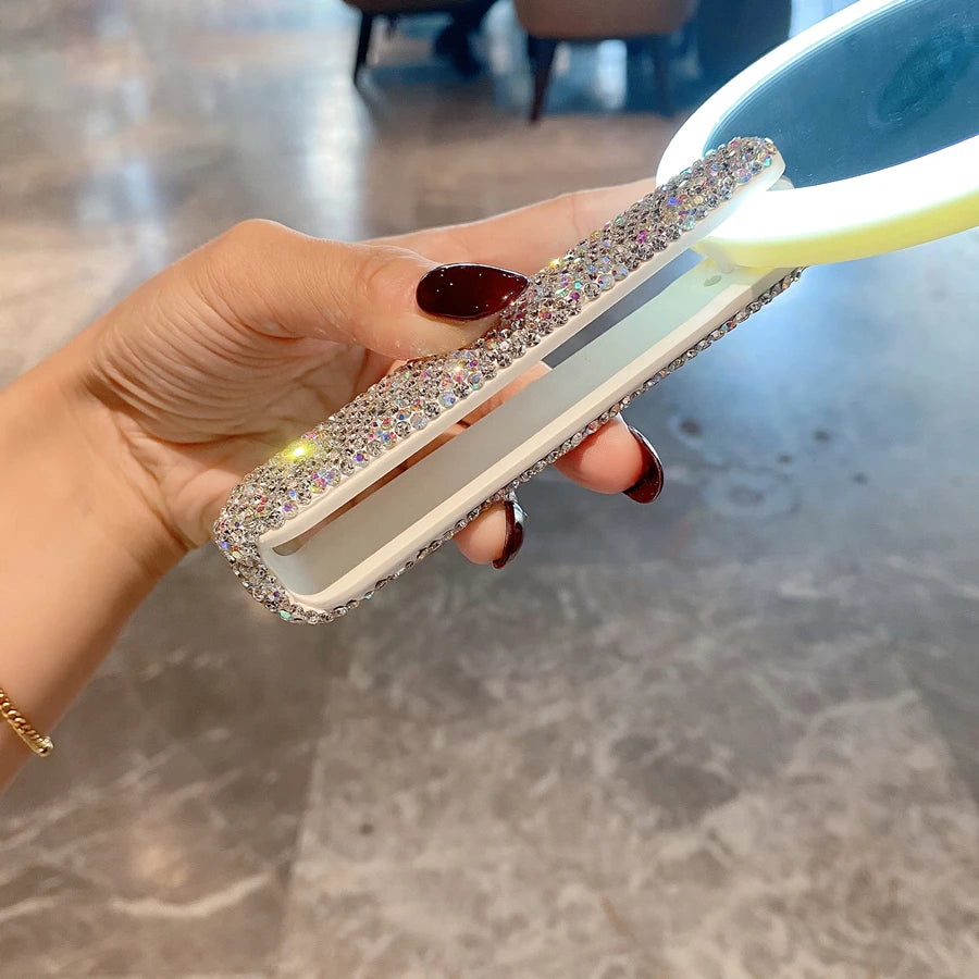 Rotatable Rhinestones Handle Makeup Mirror With LED Light