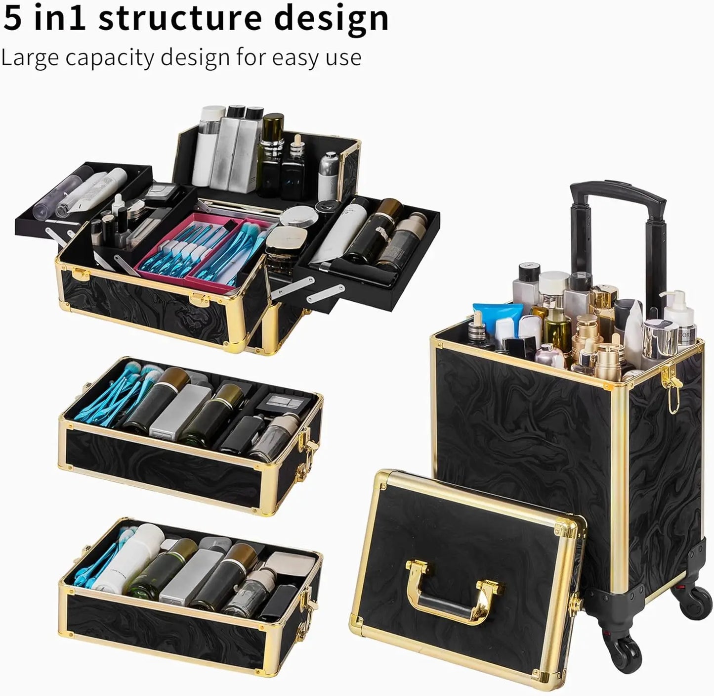 5 in 1 Rolling Makeup Train Case With Lid