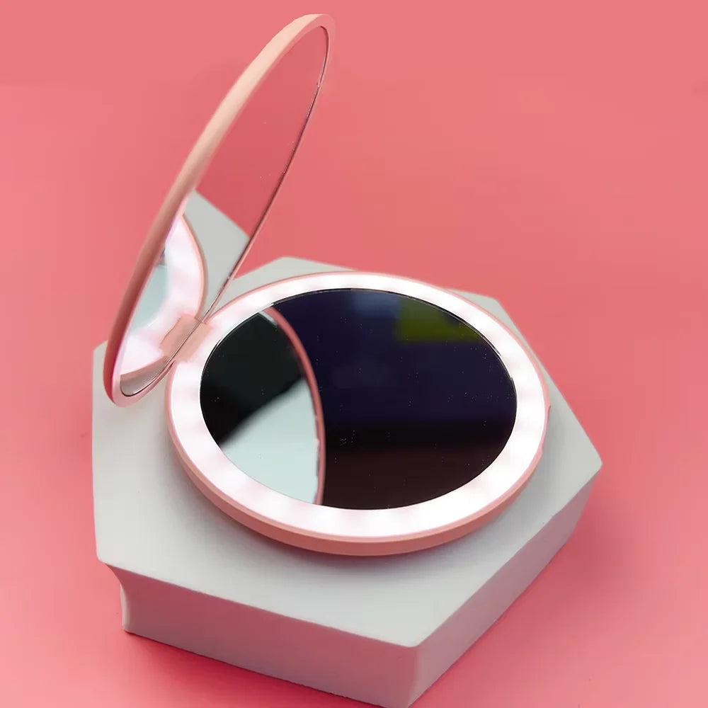 Compact LED Makeup Round Mirror with  2x Magnification