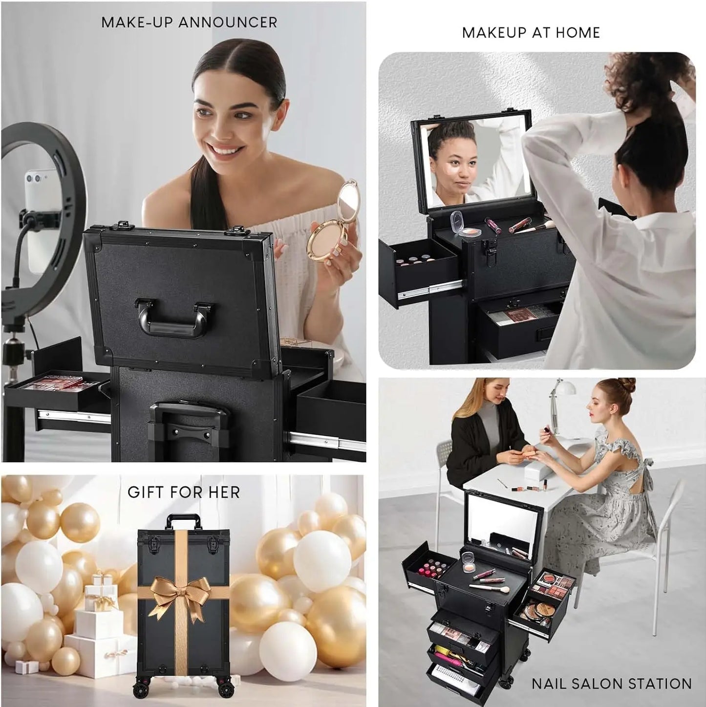 Rolling Makeup Train Case With LED Mirror & Drawers