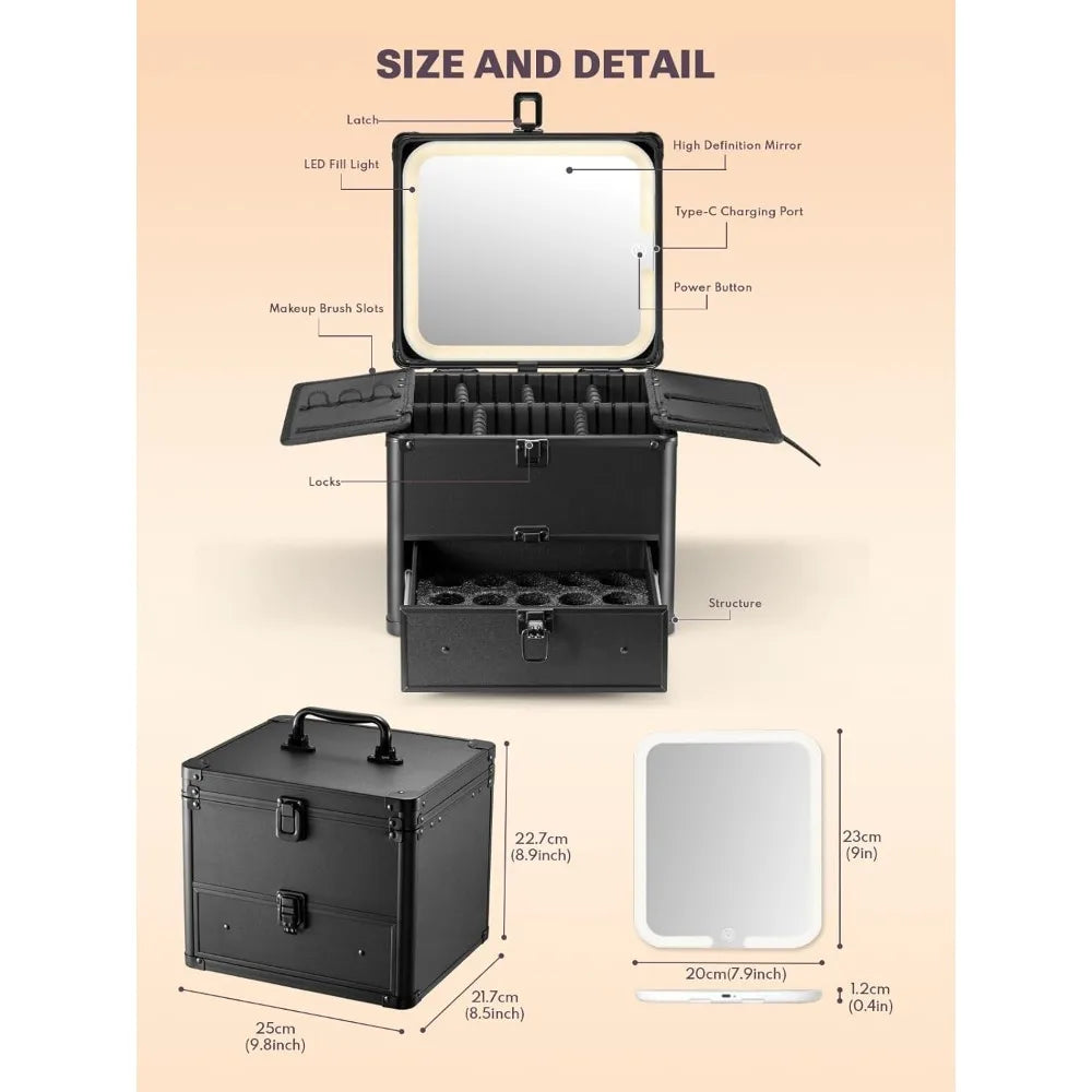 Waterproof Travel Makeup Box with Drawer and A Detachable LED Mirror