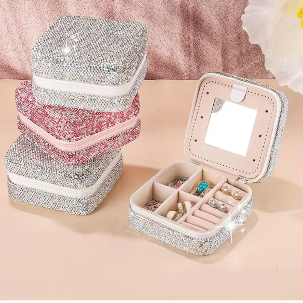 Luxury Bling Rhinestone Double Layer Jewelry Box  With Mirror