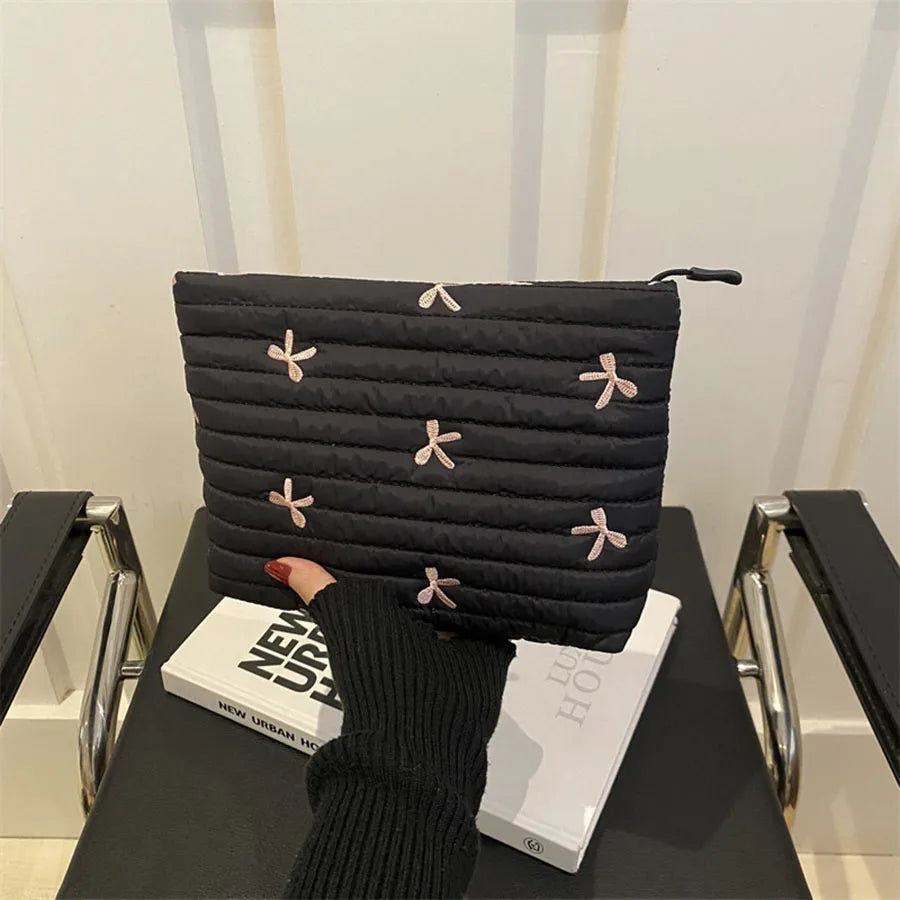 Large Embroidery Bow Makeup Pouch With Zipper