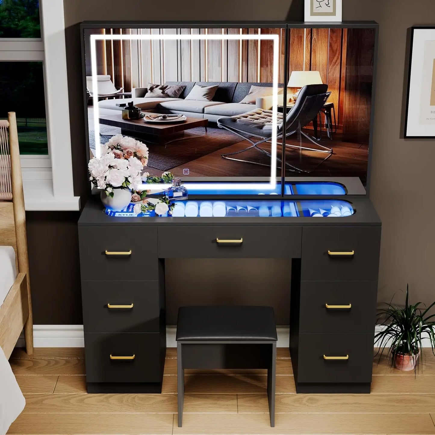 Complete Vanity Set With 7 Drawers Desk & Cushioned Stool