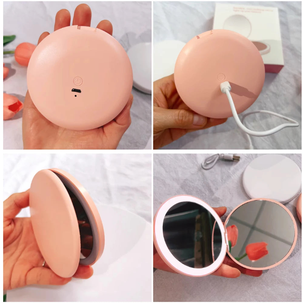Compact LED Makeup Round Mirror with  2x Magnification