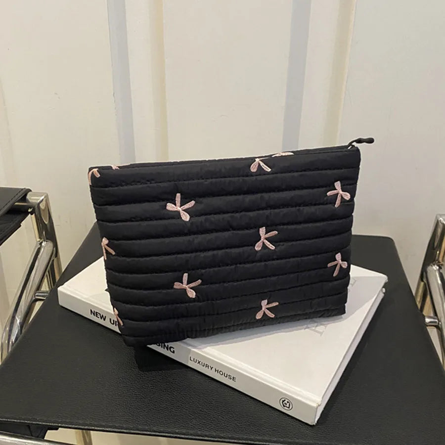 Large Embroidery Bow Makeup Pouch With Zipper