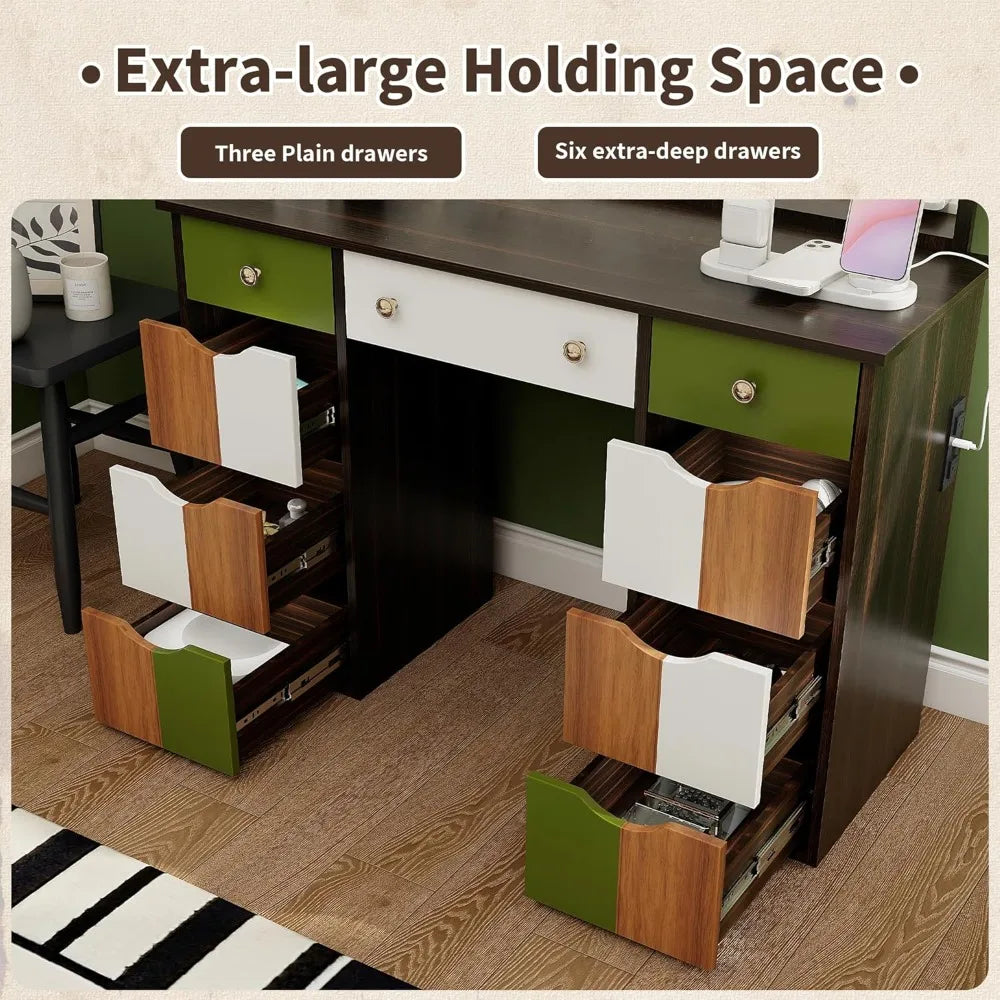 Vanity Desk with Power Outlet, LED Lights, & 9 Drawers