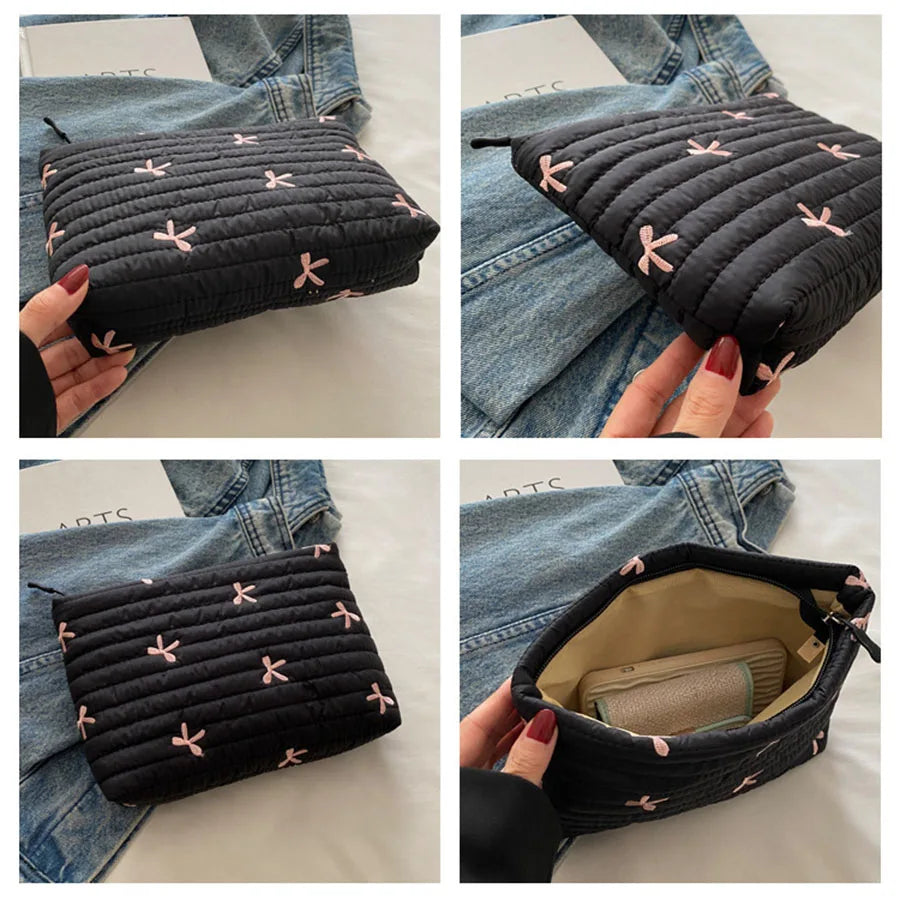 Large Embroidery Bow Makeup Pouch With Zipper