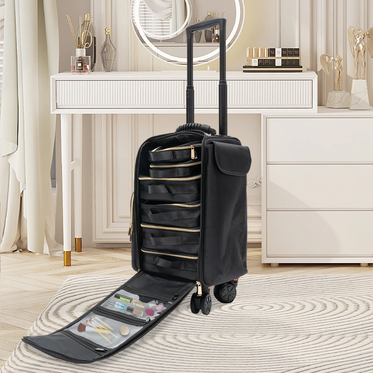 Rolling Makeup Train Case With 6 Removable Bags