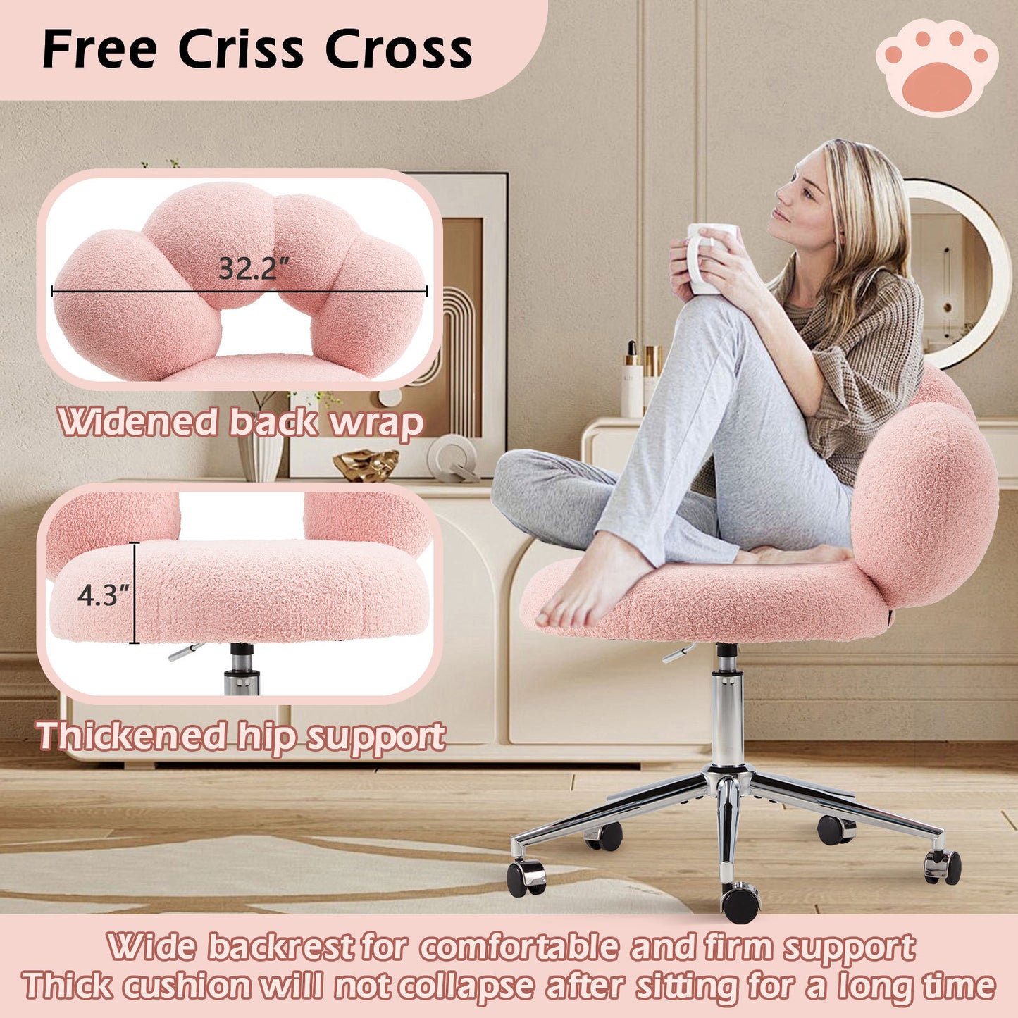 Armless Vanity Desk Chair with Teddy Fabric & Wheel