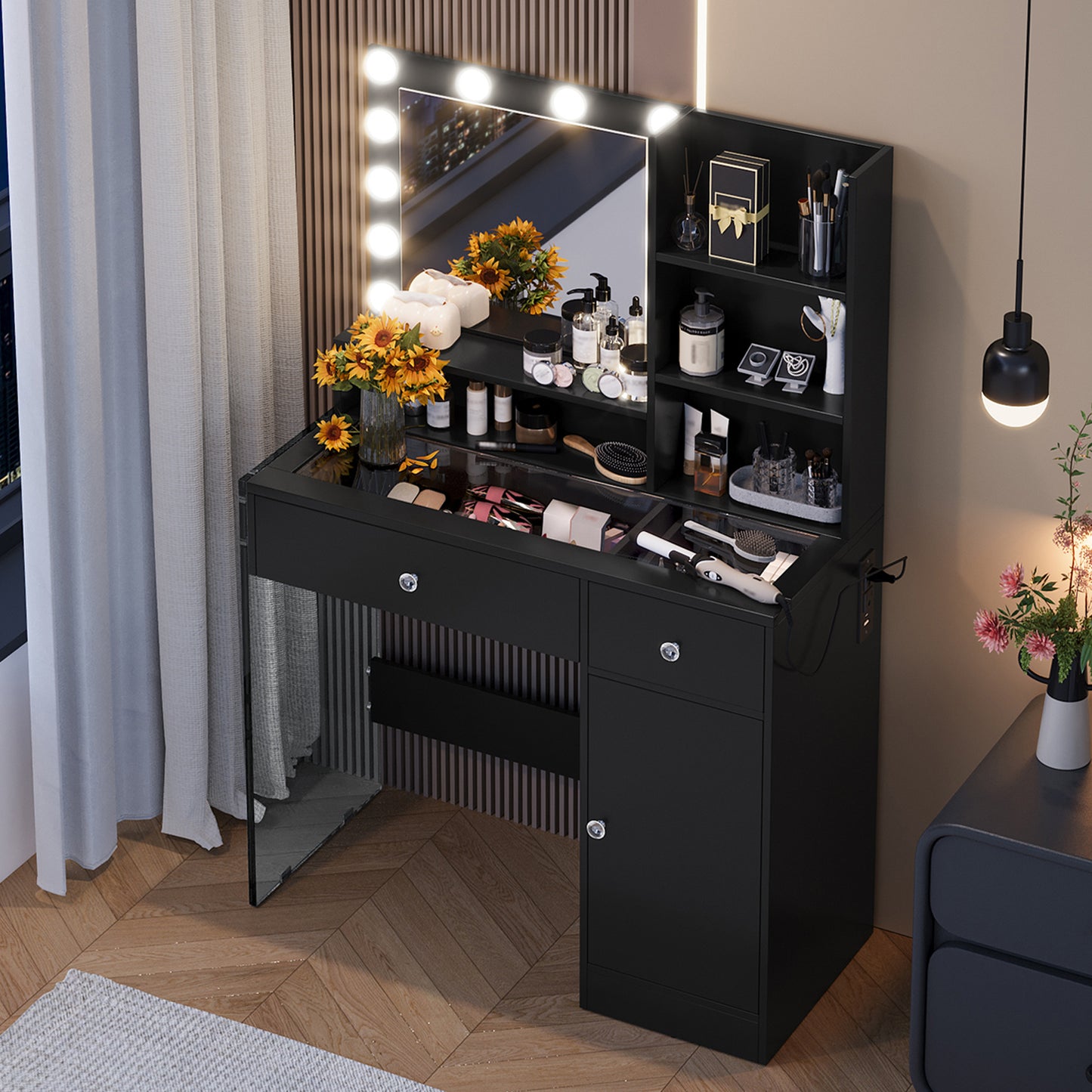 Makeup Vanity Desk With LED Mirror, Glass Top and Storage Shelves