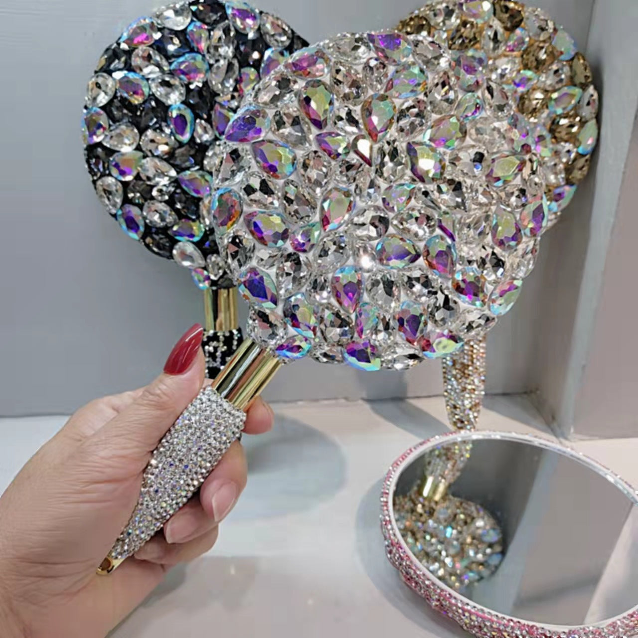 Rhinestone Embroidered Hand-held Mirror