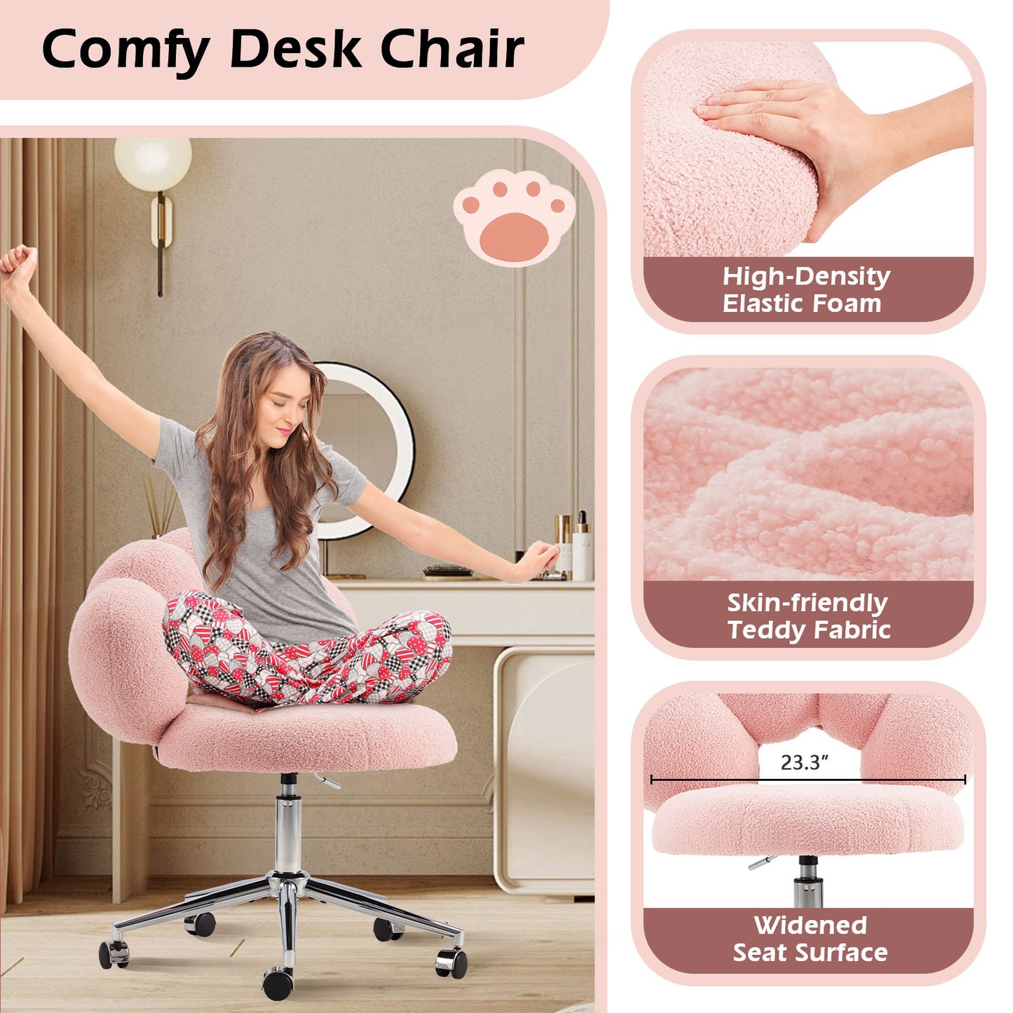 Armless Vanity Desk Chair with Teddy Fabric & Wheel