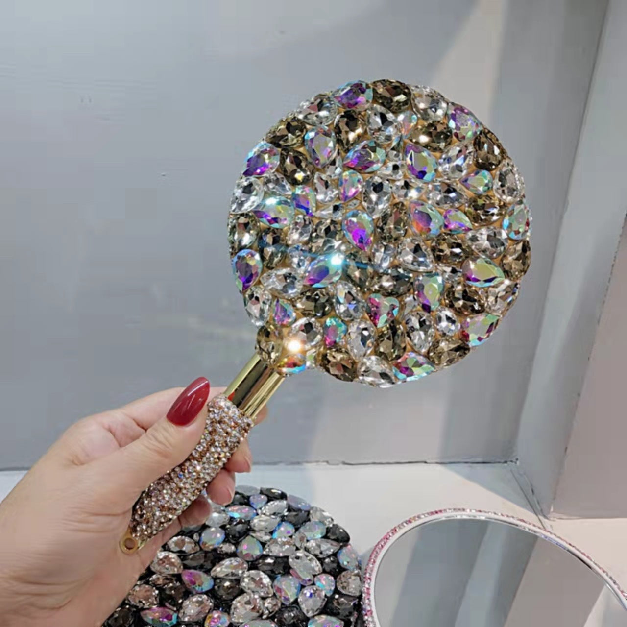 Rhinestone Embroidered Hand-held Mirror