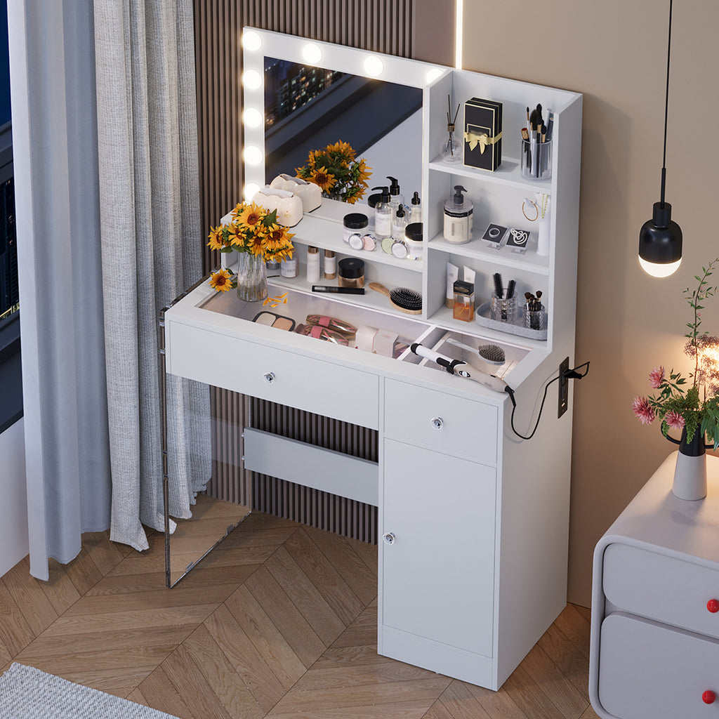 Makeup Vanity Desk With LED Mirror, Glass Top and Storage Shelves